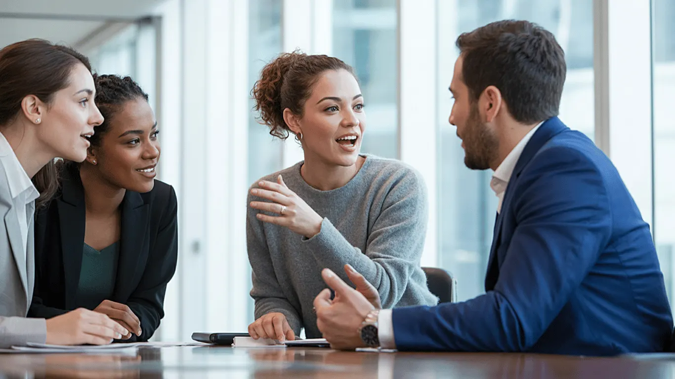 Mentors guiding a team discussion around a conference table